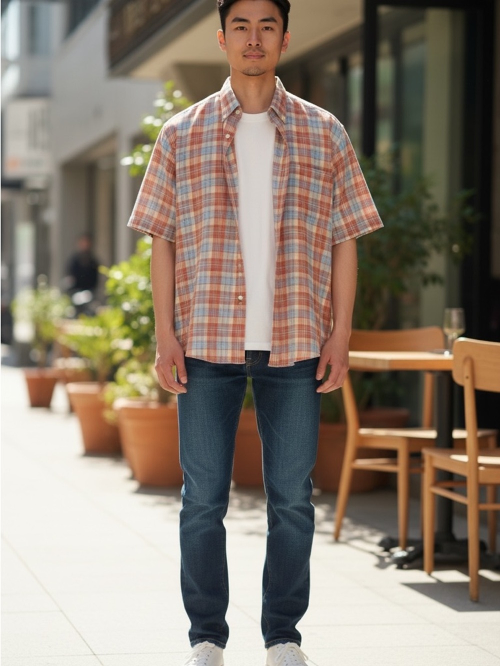 Pendleton Orange Cream and Blue Plaid Short-Sleeve Button-Down Shirt